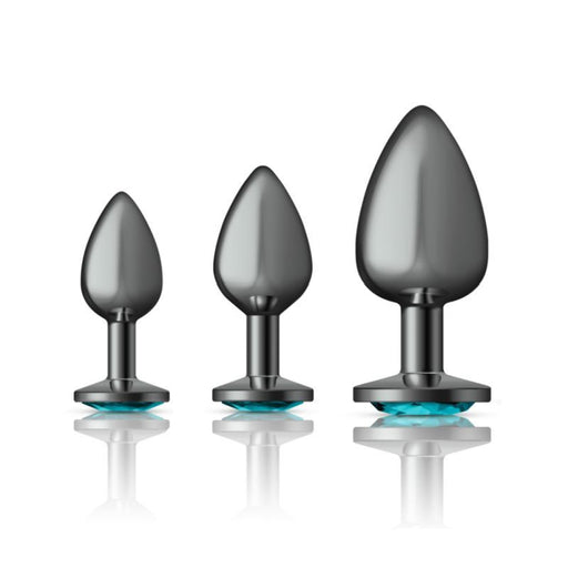 Cheeky Charms Round Metal Butt Plug Gunmetal 3 Pc Kit w Teal Jewel product image