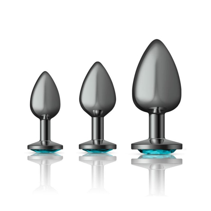Cheeky Charms Round Metal Butt Plug Gunmetal 3 Pc Kit w Teal Jewel product image